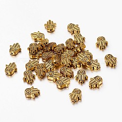Aleación de estilo tibetano hamsa mano / mano de fatima / mano de miriam beads, sin plomo y cadmio, oro antiguo, 12x10x4mm, agujero: 1.5 mm