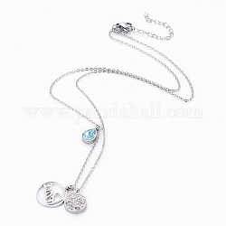 304 Stainless Steel Pendant Necklaces, with Polymer Clay Rhinestone, Flat Round with Drop, Stainless Steel Color, 18.1 inch(46cm), Flat Round: 18x15x1mm and 14x11x2.5mm, Teardrop: 11.5x7x4mm