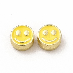 Perles d'émail d'alliage de placage de support, Sans cadmium & sans nickel & sans plomb, plat rond avec motif de visage souriant, or clair, or, 7.5x4mm, Trou: 2mm