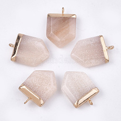 Electroplate Natural Pink Aventurine Pendants, with Iron Findings, Faceted, Pentagon, Golden, 28~31x20~21x6~8mm, Hole: 1.8mm