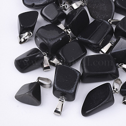Natürlichen schwarzen Stein-Anhänger, mit Schnappverschlüssen aus Edelstahl, Nuggets, 15~35x10~20x5~15 mm, Bohrung: 3x7.5 mm