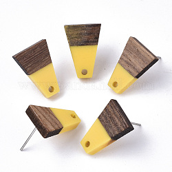 Resin & Walnut Wood Stud Earring Findings, with 304 Stainless Steel Pin, Trapezoid, Gold, 18x12.5mm, Hole: 1.8mm, Pin: 0.7mm