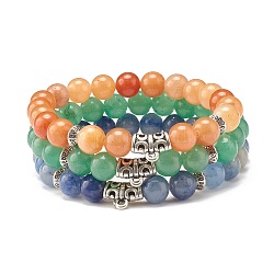 3 pièces 3 couleurs bracelets extensibles en perles rondes en aventurine naturelle avec tube incurvé, bijoux en pierres précieuses pour femmes, couleur mixte, diamètre intérieur: 2 pouce (5.2 cm), 1 pc / couleur