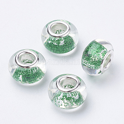 Harz europäischen Perlen, Großloch perlen, mit Glitzerpulver und Platin-Messing-Doppelkernen, Rondell, Meergrün, 14x9 mm, Bohrung: 5 mm