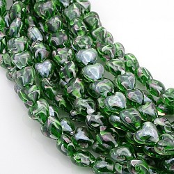 Pearlized Handmade Inner Flower Lampwork Heart Beads Strands, Dark Green, 12x12x9mm, Hole: 1.5mm, about 16pcs/strand, 7.08inch