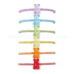 Set di braccialetti con perline acriliche a forma di orso stile arcobaleno da 6 pz per bambini, con perline semi di vetro, colore misto, 1/8 pollice (0.3~0.35 cm), diametro interno: 1-3/4 pollice (4.6 cm), 6 pc / set