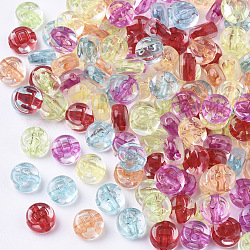 Perles en acrylique transparente, trou horizontal, plat rond avec la lettre, couleur mixte, 7x4mm, Trou: 1.5mm, environ 3700 pcs/500 g