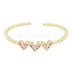 Bracciale rigido aperto con triplo cuore in zirconi cubici, gioielli in vero ottone placcato oro 18k per le donne, perla rosa, diametro interno: 1-7/8x2-1/8 pollice (4.9x5.5 cm)