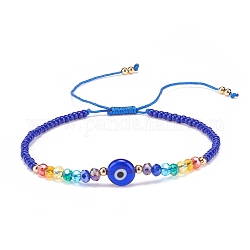 Malocchio di lampwork e braccialetto di perline di vetro, braccialetto intrecciato regolabile per le donne, blu, diametro interno: 2-1/2~3-7/8 pollice (6.2~9.7 cm)