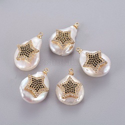 Pendentifs de perles d'eau douce de culture naturelle, avec cabochons en cuivre pavé d'oxyde de zirconium, pépites avec étoile, or, 14~28x12~22x5~12mm, Trou: 1.2mm