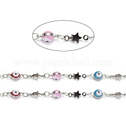 Handgefertigte Perlenketten aus Messing, mit Emaille und Spule, gelötet, langlebig plattiert, böse Augen & Stern, Farbig, Platin Farbe, 9x4.5x4 mm, 9.5x4.5x1.5 mm, ca. 32.8 Fuß (10m)/Rolle