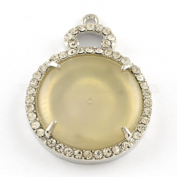 Pendentif de jade plat rond avec les accessoires de strass platine en alliage de tonalité, kaki foncé, 41x30x6mm, Trou: 2mm