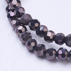 Fili di perle di vetro placcato, sfaccettato (32 sfaccettatura), tondo, nero placcato, 4mm, Foro: 0.5 mm, circa 100pcs/filo, 14.2 pollice