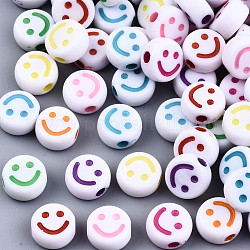 Perles acryliques artisanales opaques, plat rond avec un visage souriant, couleur mixte, 10x5mm, Trou: 2mm
