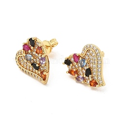Cubic Zirconia Heart Stud Earrings, Golden Brass Jewelry for Women, Colorful, 14x13mm, Pin: 0.6mm