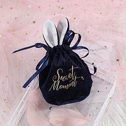 Sacs en velours à cordon, avec l'oreille de lapin, sac cadeau imprimé sweet moment, sacs de bonbons de célébration de mariage, bleu foncé, 17x10x13 cm