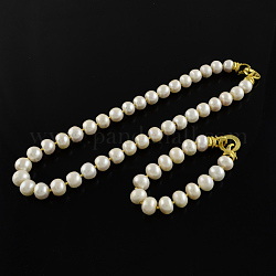 Natürlichen Perlen Schmuck Sets, Halsketten und Armbänder, goldern mit Messing-Schließen, beige, 18.5 Zoll, 195 mm