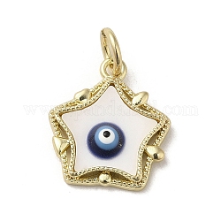 Pendentifs en coquille d'émail mauvais œil, Breloques étoiles en laiton avec anneaux ouverts, véritable 18k plaqué or, bleu minuit, 17x15x3.6mm, Trou: 3.7mm