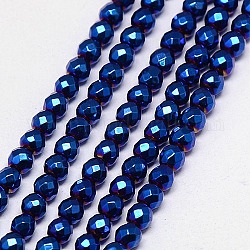Chapelets de perles en hématite synthétique sans magnétiques, facette, ronde, aaaa grade, bleu plaqué, 2mm, Trou: 0.5mm, Environ 200 pcs/chapelet, 16 pouce