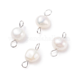 Natural Freshwater Pearl Connector Charms, with 304 Stainless Steel Loops, Nuggets, White, 14x6~8x5~5.5mm, Hole: 1.5~2.5mm