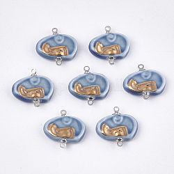 Connecteurs de liens en porcelaine faits à la main, porcelaine émaillée lumineux, avec les accessoires en laiton, platine, bleu acier, 19x18~18.5x4mm, Trou: 1.5mm