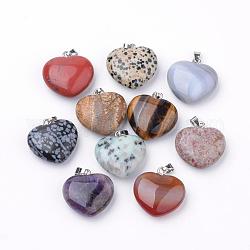 Ciondoli gemstone naturale, con accessori in lega, cuore, platino, 27~29x28x11mm, Foro: 3.5x5 mm
