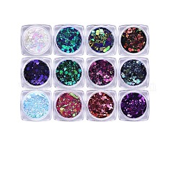 12 mélange de couleurs hexagone festival paillettes épaisses, flocons de poudre de sirène de paillettes d'ongles holographiques, pour la conception de poussière de pigment nail art, couleur mixte, poudre: 0.1~0.5x0.1~0.5mm, paillettes: 0.5~3.5~5x0.5~3.5mm, 12 couleurs, 1color / boîte, 12boxs / ensemble