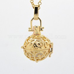 Golden Tone Brass Cage Pendants, Chime Ball Pendants, Round, with Brass Spray Painted Bell Beads, White, 27x25x20mm, Hole: 3x5mm