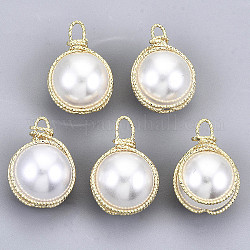 Colgantes de perlas de imitación de plástico abs, con fornituras reales de latón chapado en oro de 18 k, redondo, blanco cremoso, 19x13x12mm, agujero: 2 mm