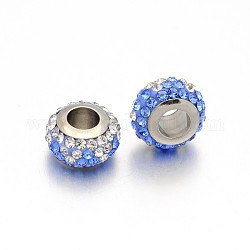 Perles européennes rondelles belles en 304 acier inoxydable avec grand trou et strass pavé en pâte polymère de deux ton, couleur inoxydable, saphir lumière et le cristal, 12x7mm, Trou: 5mm
