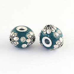 Round Handmade Indonesia Beads, with Silver Metal Color Brass Cores, Teal, 12~14x15~17mm, Hole: 3~3.5mm