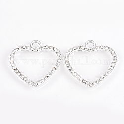 Alloy Rhinestone Pendants, Heart, Platinum, 26.5x24x2mm, Hole: 3mm