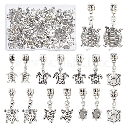 Pandahall elite 48 pièces alliage de style tibétain breloques européens pendants, pendentifs tortue grand trou, avec anneaux de jonction, argent antique, 26~44.5mm, Trou: 5mm, 48 pcs / boîte