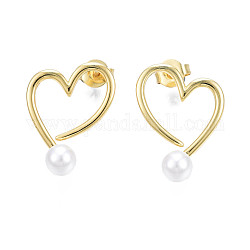 Aretes de corazón abierto de latón con perla de plástico abs para mujer, sin níquel, real 18k chapado en oro, 18x13.5mm, pin: 0.8 mm