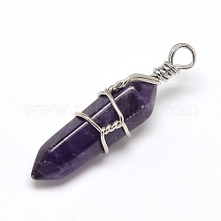 Faceted Bullet Natural Amethyst Double Terminated Pointed Pendants, with Platinum Plated Brass Findings, 39~44x10~12mm, Hole: 3.5mm