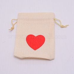 Sacchetti di imballaggio di tela da imballaggio con motivo a cuore, borse coulisse, rosso, 13.8~14x9.8~10cm