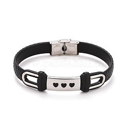 201 Stainless Steel Rectangle Link Bracelet with PU Leather Cord for Men Women, Black, Heart Pattern, 9-1/8 inch(23cm)