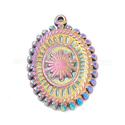 Ion Plating(IP) 304 Stainless Steel Pendants,  Oval with Flower, Rainbow Color, 19.5x13.5x2mm, Hole: 0.8mm