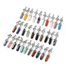 Natural & Synthetic Gemstone Double Terminated Pointed Big Pendants, with Platinum Tone Brass Findings, Cadmium Free & Lead Free, Ring with Lotus & Bullet, Faceted, Mixed Dyed and Undyed, 65~70mm
