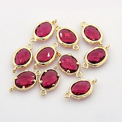 Golden Tone Brass Glass Links connectors, Oval, Cerise, 18x10x3mm, Hole: 1mm