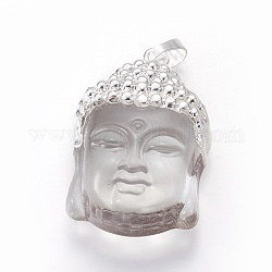Ciondoli di vetro, con accessori di ottone, buddha testa, colore argento placcato, chiaro, 40x26.5x16.5mm, Foro: 5x8 mm