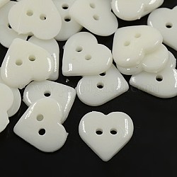Botones de costura acrílicos para diseño de vestuario, Botones del corazón, 2 agujero, teñido, blanco, 14x14x3mm, agujero: 1 mm