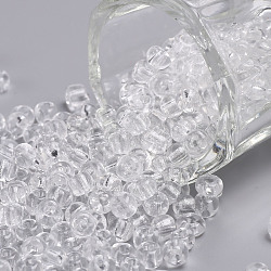 (servizio di reimballaggio disponibile) perline di semi di vetro, trasparente, tondo, bianco, 6/0, 4mm, Foro: 1.5 mm, su 12 g / borsa