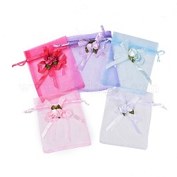 Pochettes d'emballage en organza pandahall elite, sacs à cordonnet, rectangle avec rose, couleur mixte, 12~12.2x10~10.4x0.65 cm, fleur: 90x55x3 mm, 50 pièces / kit