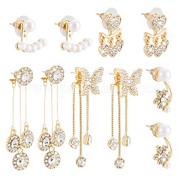 Kissitty 5 Pairs 5 Style Clear Cubic Zirconia Long Dangle Stud Earrings with Sterling Silver Pins for Women, Flower & Heart & Butterfly & Flat Round Drop Earrings, Light Gold, 16~48mm, Pin: 0.5~0.7mm, 1 pair/style