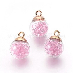 Transparent Glass Bottle Pendants, with Glass Rhinestone Inside and  Eco-Friendly Plastic Bottle Caps, Round, Pink, 21x16mm, Hole: 2.5mm