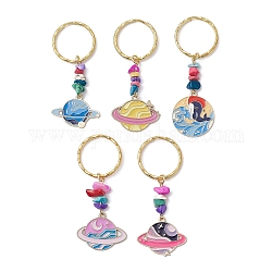 Porte-clés pendentif en émail en alliage planète, avec perles turquoise synthétiques et porte-clés fendus en fer, couleur mixte, 6.6~7.3 cm