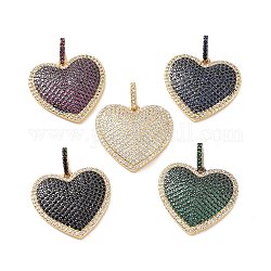 Heart Brass Micro Pave Cubic Zirconia Pendants, Cadmium Free & Nickel Free & Lead Free, Real 18K Gold Plated, Mixed Color, 31mm, Hole: 3x6mm
