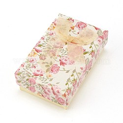 Boîte d'emballage de bijoux en carton à motif de fleurs, 2 emplacement, pour boucles d'oreilles, avec ruban bowknot et éponge noire, rectangle, verge d'or pale, 8x5x2.6 cm