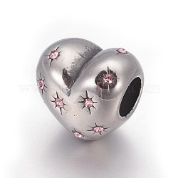 304 Stainless Steel European Beads, Large Hole Beads, with Rhinestone, Heart with Star, Antique Silver, Light Rose, 10.5x11x9mm, Hole: 4.5mm